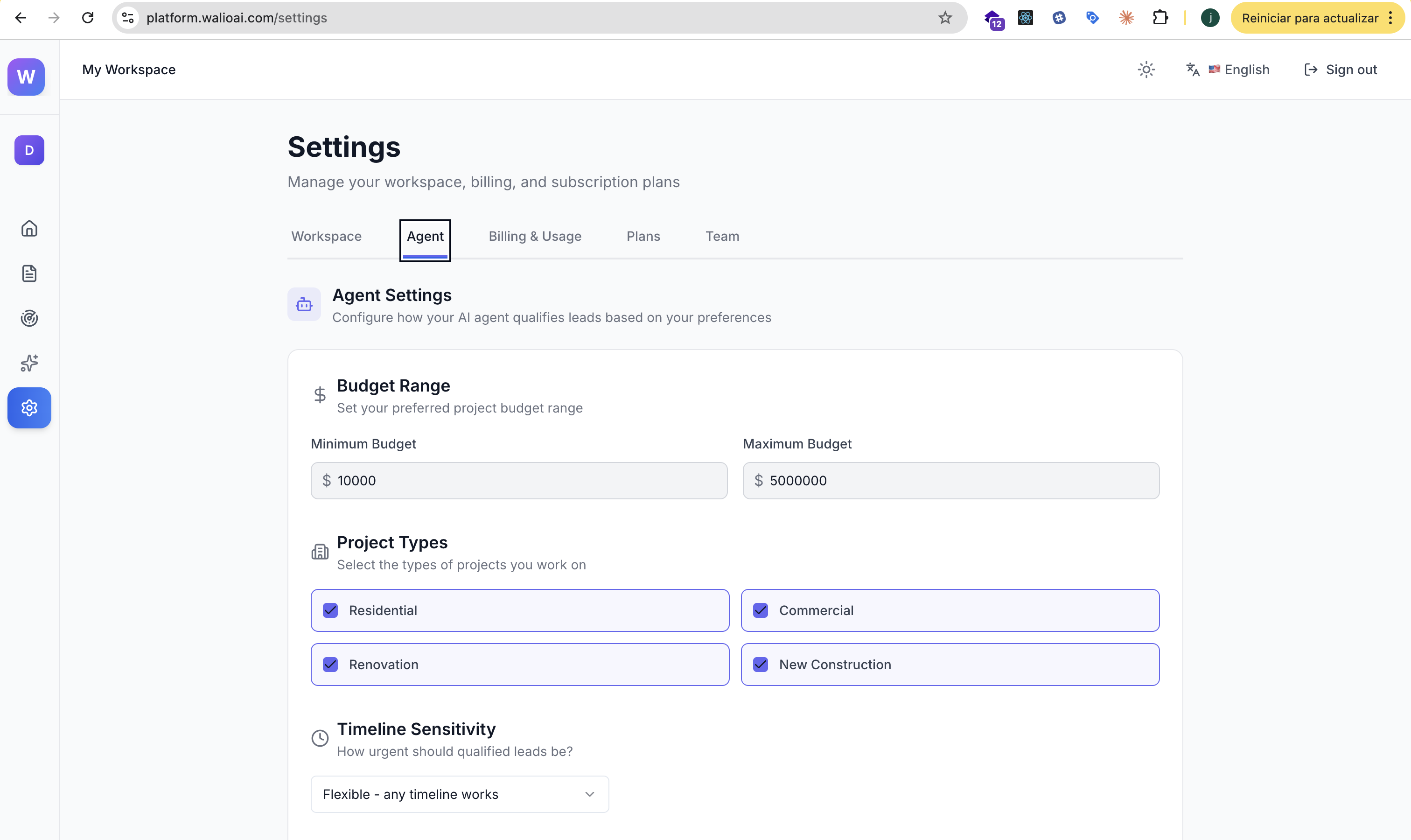 Agent settings showing budget, project types, and timeline
