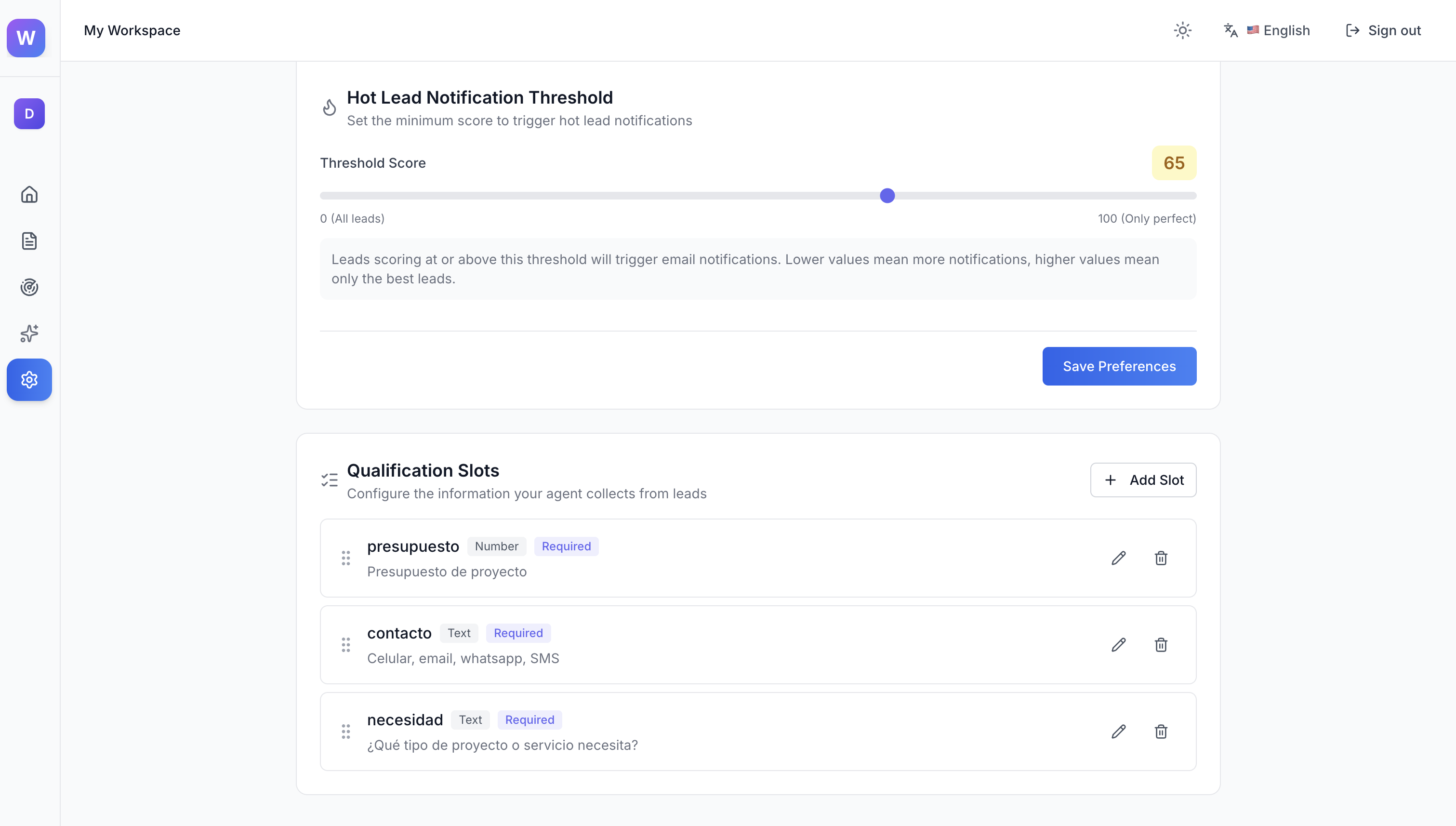 Hot lead threshold slider