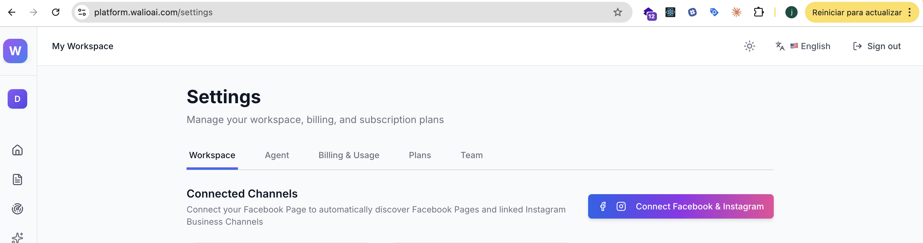 Connect Facebook & Instagram button in Workspace settings