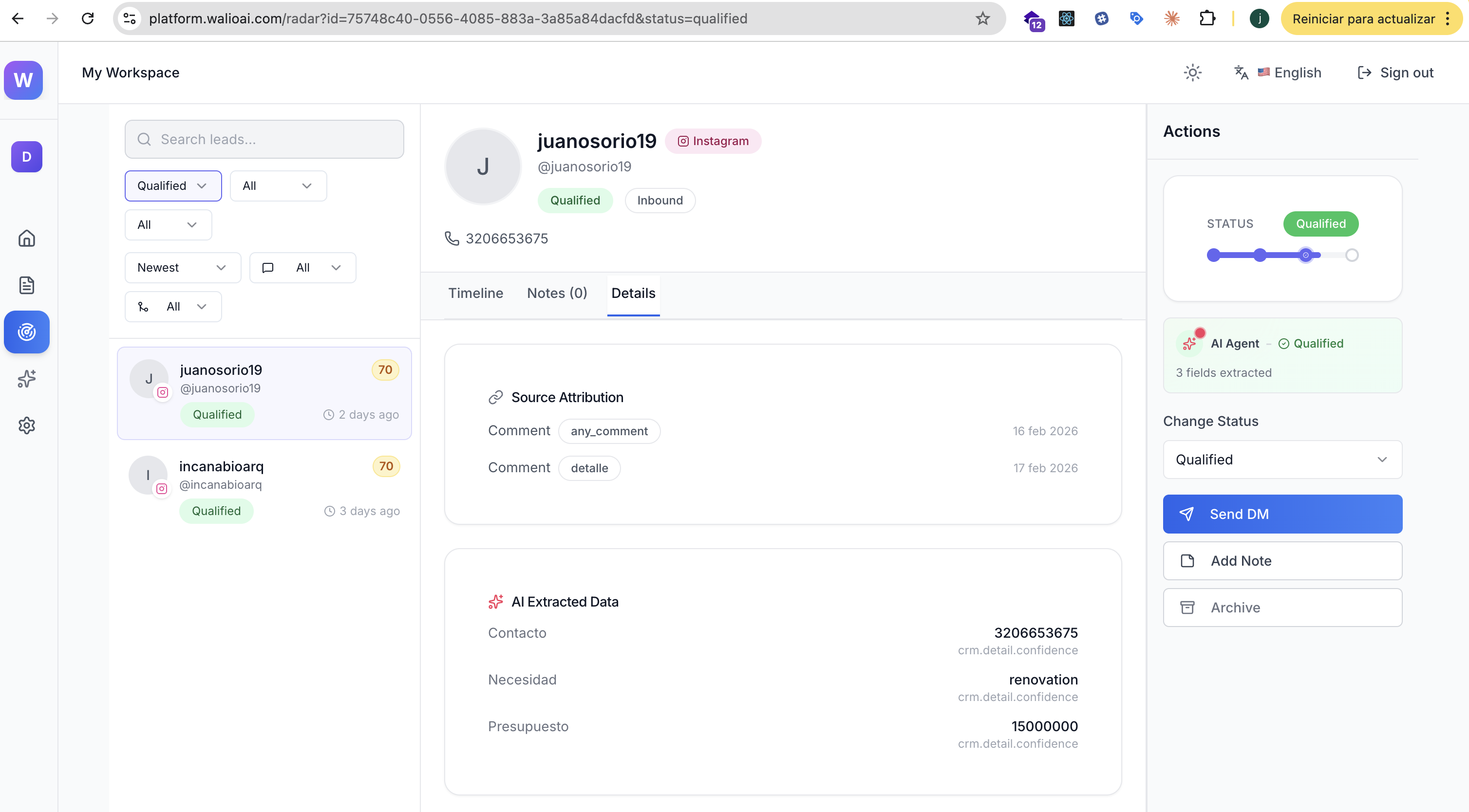 Lead detail with extracted data